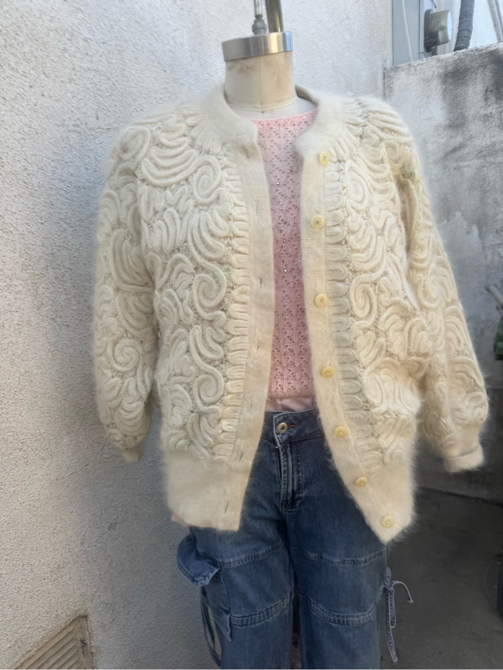 Vintage lace Cream Textured Button-Front Women's Sweater Cardigan